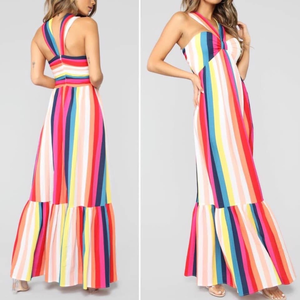 Fashion Nova Rainbow Striped Criss Cross Halter Vacation Resort Maxi Dress